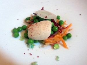 Fresh peas, julienned carrots and beets with cold mustard cream at Pierre Sang Boyer