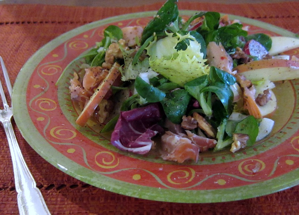 Winter Greens Salad with Apples, Smoked Trout, and Walnuts 1