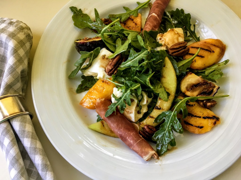 Grilled Peach and Fig Salad with Arugula, Burrat, and Prosciutto